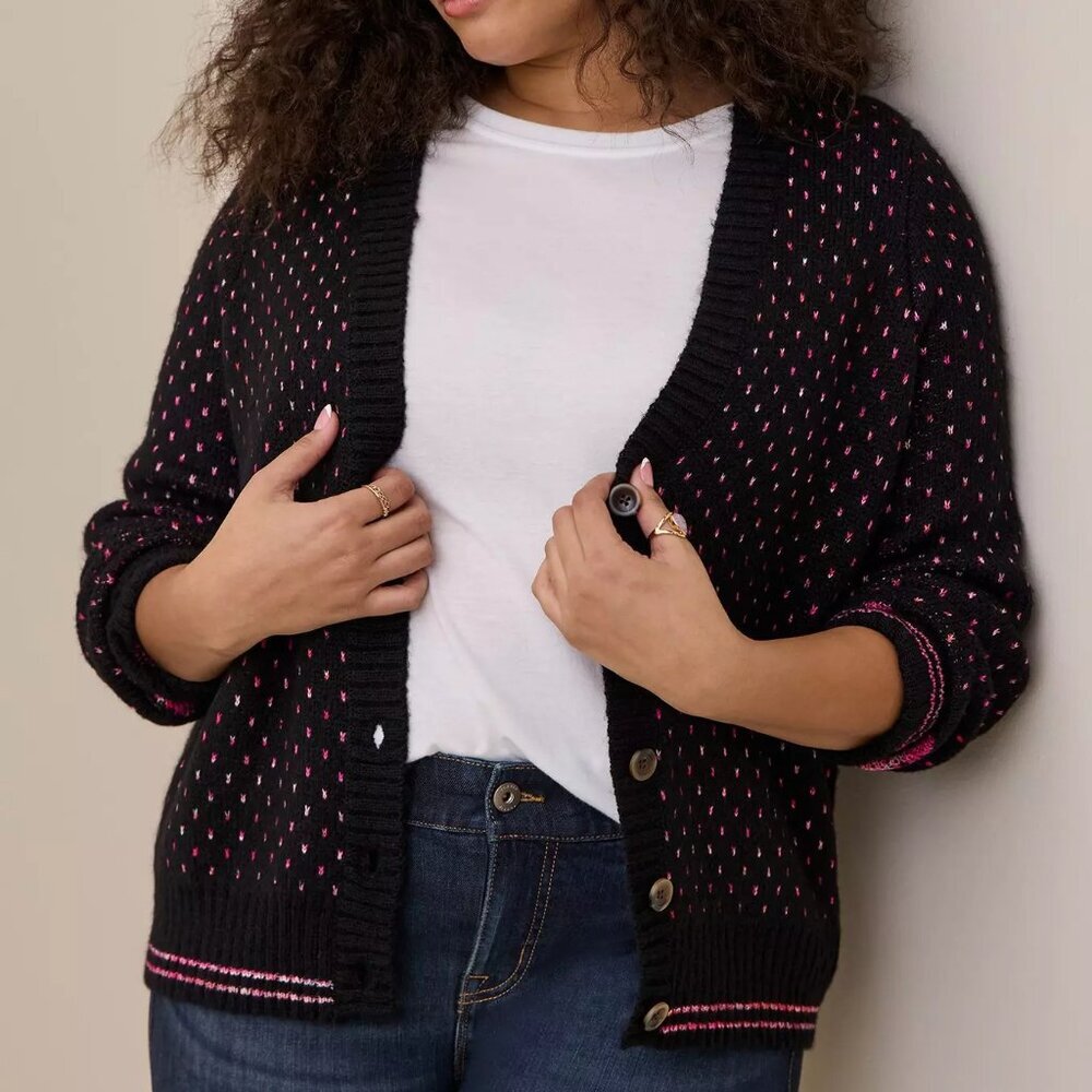 NWT Torrid Pink Hearts Cardigan Drop Shoulder V-Neck Button Front Sweater Size 2